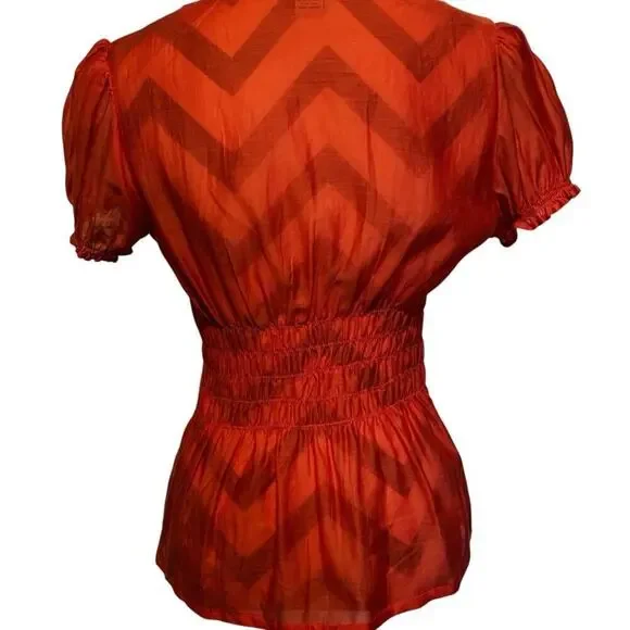 Cotton Express Ruffle Vneck Red Top Silk Blend Puff Sleeve Fitted Waist Sheer M - Picture 3 of 6